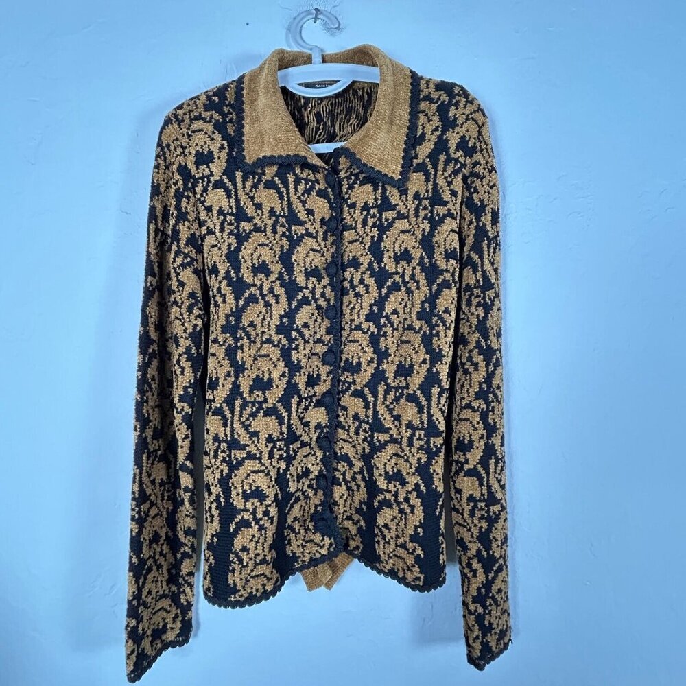 Vintage J. Peterman Women Brown Chenille Brocade Black Knit Cardigan Belted Back